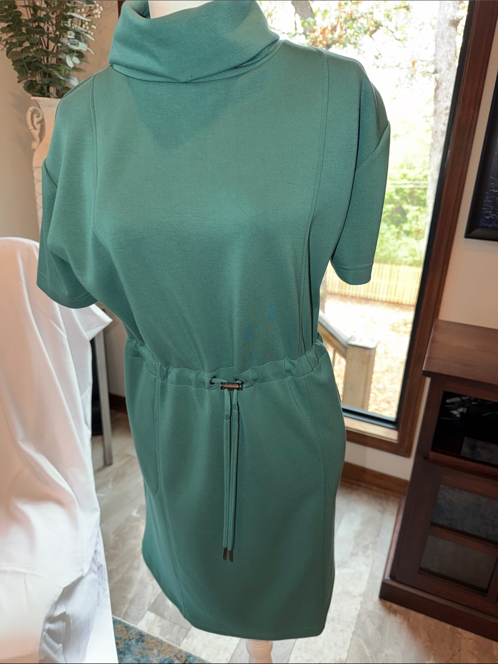 Vera Wang Teal Drawstring Waist Turtleneck Mini Dress